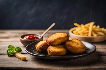 Seared breaded chicken nuggets with French fries on wooden table
