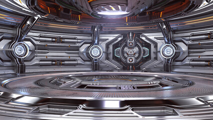 Futuristic spaceship interior or sci-fi corridor. Detailed machine room with advanced robotic technology. 3d rendering 