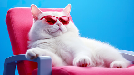 A white fluffy cat in pink glasses lies on a pink armchair on a blue studio background - Powered by Adobe