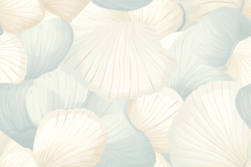 A delicate and trendy tossed scallop seashells seamless pattern with a pastel blue and beige color scheme. Perfect for fashion and fabric designs.