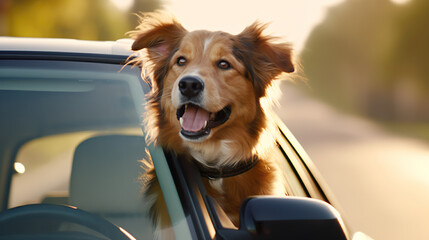 Happy dog looks out the car window
