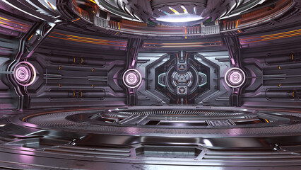 Futuristic spaceship interior or sci-fi corridor. Detailed machine room with advanced robotic technology. 3d rendering 