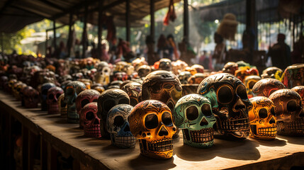A bustling marketplace filled with stalls selling sugar skulls, masks, and marigolds  