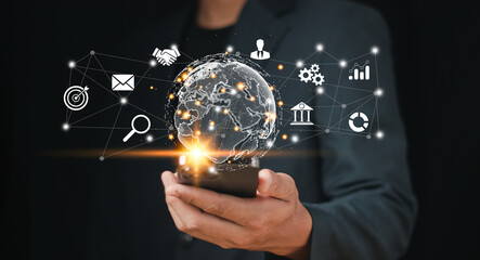 Businessman using mobile smart phone. Business global internet connection application technology and digital marketing, Financial and banking, Digital link tech, big data..