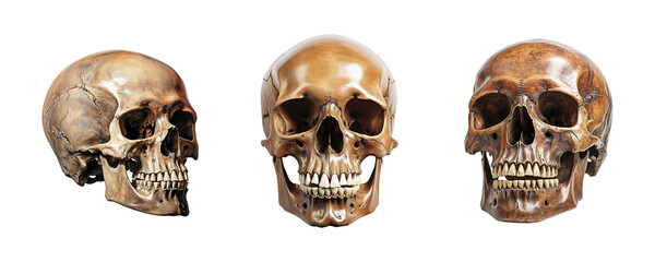 Set of human skulls isolated on transparent. Generative Ai