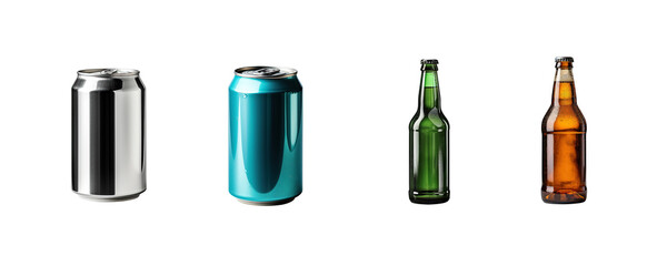 set with bottles of beer and soda cans isolated on transparent background. Generative Ai