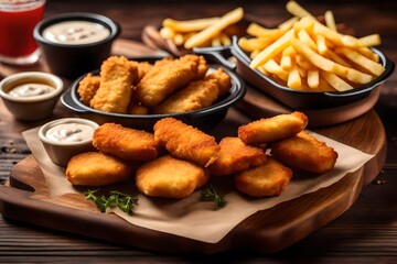 Seared breaded chicken nuggets with French fries on wooden table