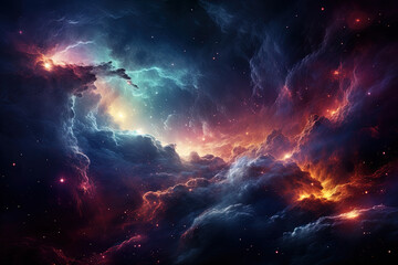 Obraz premium Abstract illustration, Colorful space galaxy cloud nebula. Stary night cosmos. Universe science astronomy. Supernova background wallpaper. Contrasting heaven and hell concept art