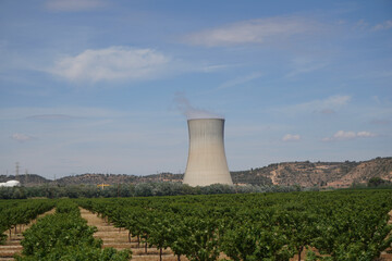 Nuclear power plant on the Rio Ebro in Spain with a cooling tower in a nice landscape