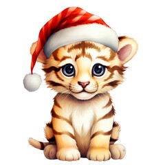 Cute Baby Tiger with Santa Hat Clipart isolated on Transparent Background. Christmas Animal with Santa Hat Clipart.