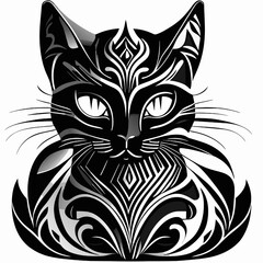 Black cat with ornament on a white background. Vector illustration for your design.