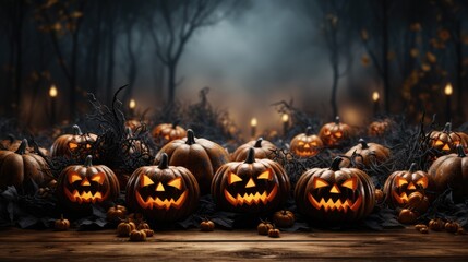 Scary pumpkins lantern in the night on black fog background - obrazy, fototapety, plakaty
