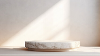 Mockup of an empty podium made of natural white stone for products against a white wall with shadows. 3D pedestal for demonstration or promotional purposes. Generative AI