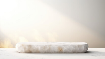 Fototapeta na wymiar Mockup of an empty podium made of natural white stone for products against a white wall with shadows. 3D pedestal for demonstration or promotional purposes. Generative AI