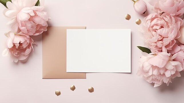 blank card mockup on pink background with pink peony petals