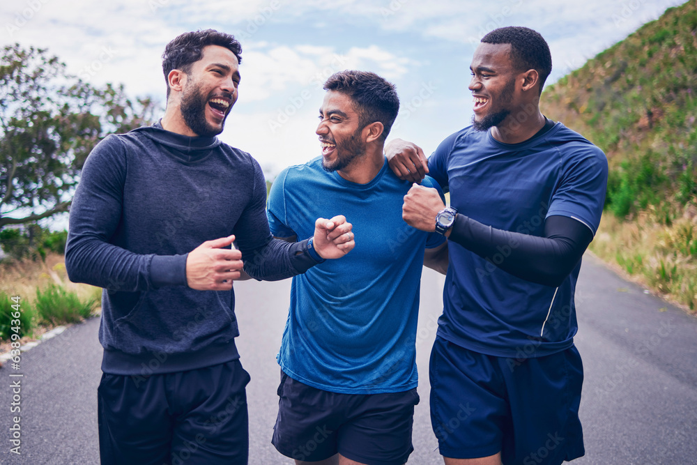 Sticker Happy, men laughing and friends with smile for fitness, workout and running outdoor with a handshake. Exercise, training and sports with funny joke and comedy on road with athlete and wellness