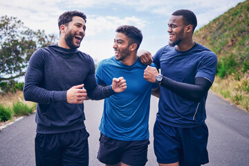 Happy, men laughing and friends with smile for fitness, workout and running outdoor with a...