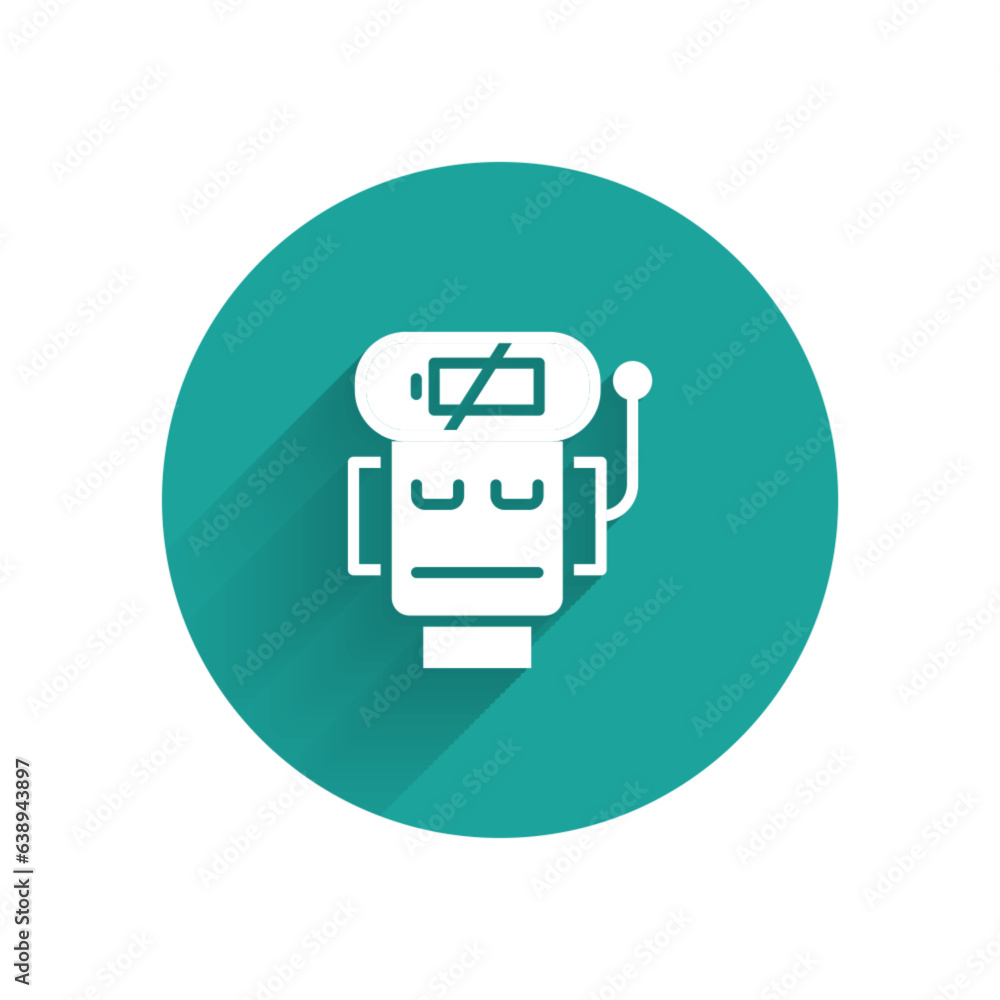 Poster white robot low battery charge icon isolated with long shadow. artificial intelligence, machine lear