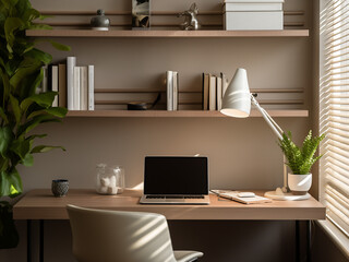 Refreshing beige office ambiance. AI generative.