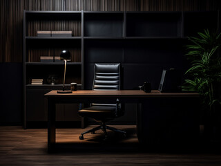Dark wood office interior with a sumptuous appeal. AI generative.
