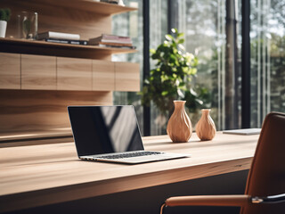 Fototapeta premium Chic light wood office with balanced design. AI generative.