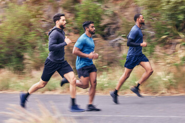 Men, fitness and running friends in a road for training, speed and energy, health and cardio...
