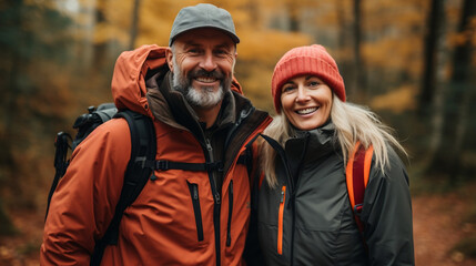 Fototapeta premium Smiling Middle Age Couple Enjoying Autumn Hike