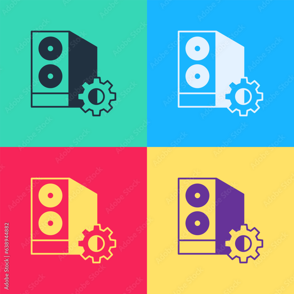 Poster pop art case of computer setting icon isolated on color background. computer server. workstation. ad