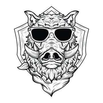 tattoo and t shirt design black and white hand drawn boar with sunglass