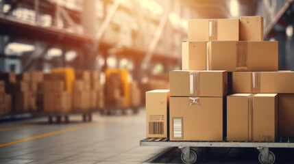 Fototapeta Cardboard box packages on trolley. Logistics and distribution service obraz