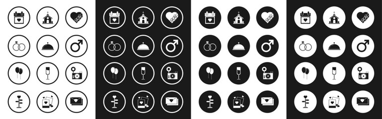 Set Candy in heart shaped box and bow, Covered with tray of food, Wedding rings, Calendar, Male gender symbol, Church building, Photo camera and Balloons ribbon icon. Vector