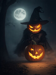 A sinister, fog-filled halloween night, with a menacing scarecrow standing guard over a glowing, orange pumpkin.