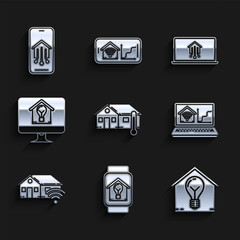 Set House temperature, Smart watch with smart house and light bulb, Laptop home wi-fi, Computer monitor, and Mobile phone icon. Vector
