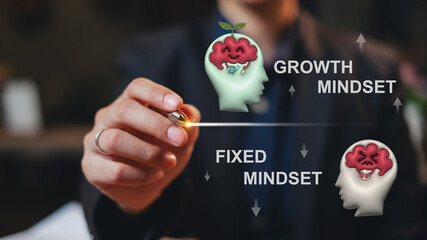 Growth mindset vs Fixed Mindset concept strategy for web banner. Infographic of human head with brain inside of positive and negative. Attitude and development. Soft skill improvement and motivation.