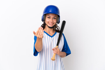 Baseball Russian girl player with helmet and bat isolated on white background inviting to come with hand. Happy that you came