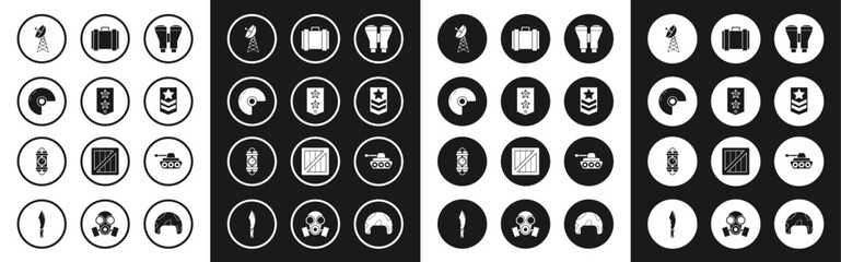 Set Binoculars, Chevron, Military helmet, Radar, ammunition box, tank and Detonate dynamite bomb stick and timer clock icon. Vector