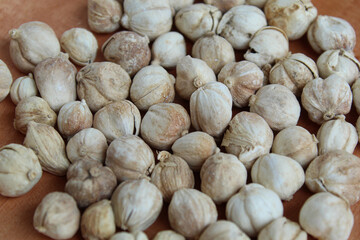 Dried cardamom fruit and seeds on wooden plate