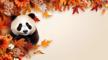 A panda bear peeking out of a hole in the leaves
