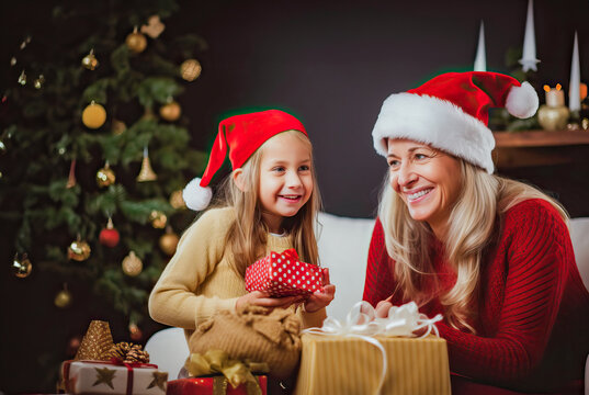 A woman and a little girl sitting next to a Christmas tree