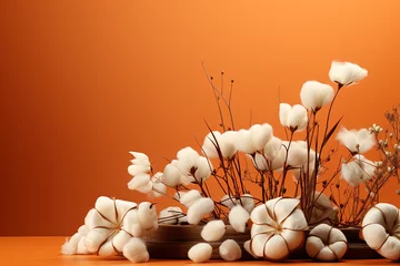 Deurstickers Minimal scene of a podium with cotton flowers on an orange background, rendered in 3D. © RBGallery
