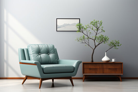 Empty room space background. Mockup of a picture frame mounted on a white wall in a living room, with the armchair adding a touch of comfort and style.