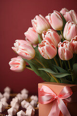 Blossoming light pink and white tulips and gift boxes on a dark pink background