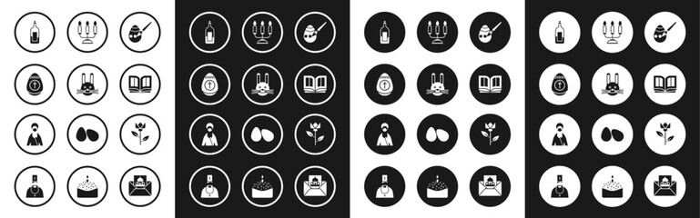 Set Easter egg and paint brush, rabbit, Bottle of wine, Holy bible book, Candelabrum with candlesticks, Flower tulip and Jesus Christ icon. Vector