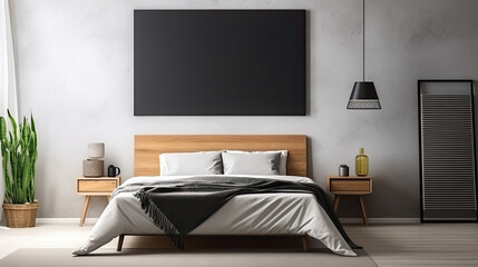 a modern bright cozy bedroom with a dark wall above the bed. with text free