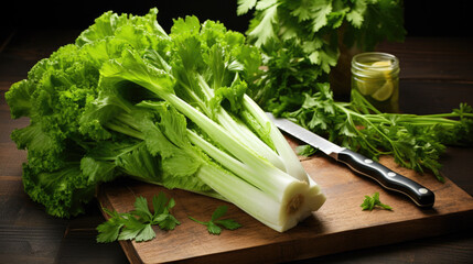A bunch of green celery on a cutting board with a knife.
