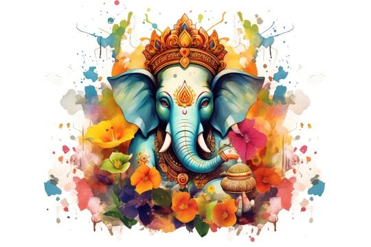 water colored floral lord ganesha on isolated white background