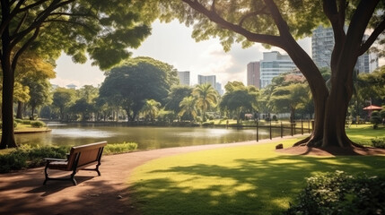 a green city park with a bench and a river, in the background you can see a big modern city with many skyscrapers in summer.