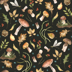 Watercolor forest autumn seamless pattern with mushrooms, leaves, fir cone, dragonfly, cranberry. Hand painted on dark background.