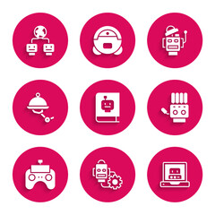 Set User manual, Robot setting, Creating robot, Mechanical hand, Remote control, Waiter, and Artificial intelligence icon. Vector