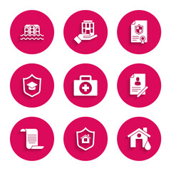 Set First aid kit, House with shield, flood, Document, Graduation cap, Contract and icon. Vector
